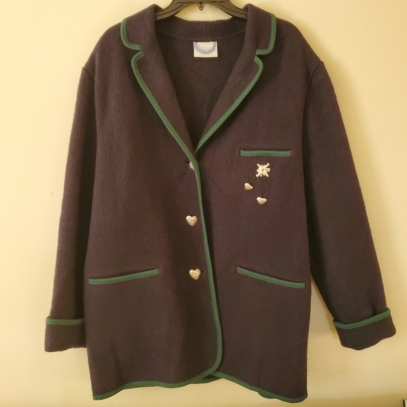 Vintage Boiled Wool Burgefried Navy Blue Green Floral Jacket Coat Size Large - Picture 10 of 10